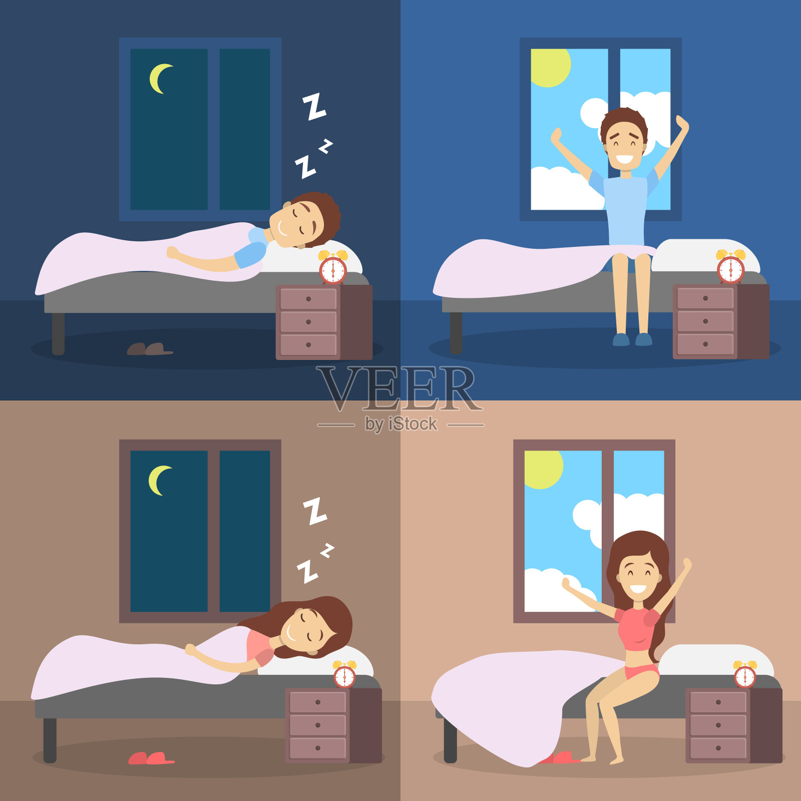 一套男人和女人睡在床上，在阳光下醒来心情很好。插画图片素材
