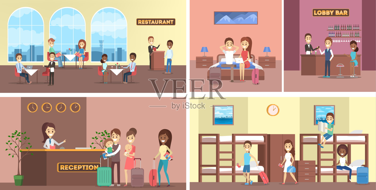 酒店客房内部设置。接待处、餐厅、酒吧和宿舍房间。插画图片素材