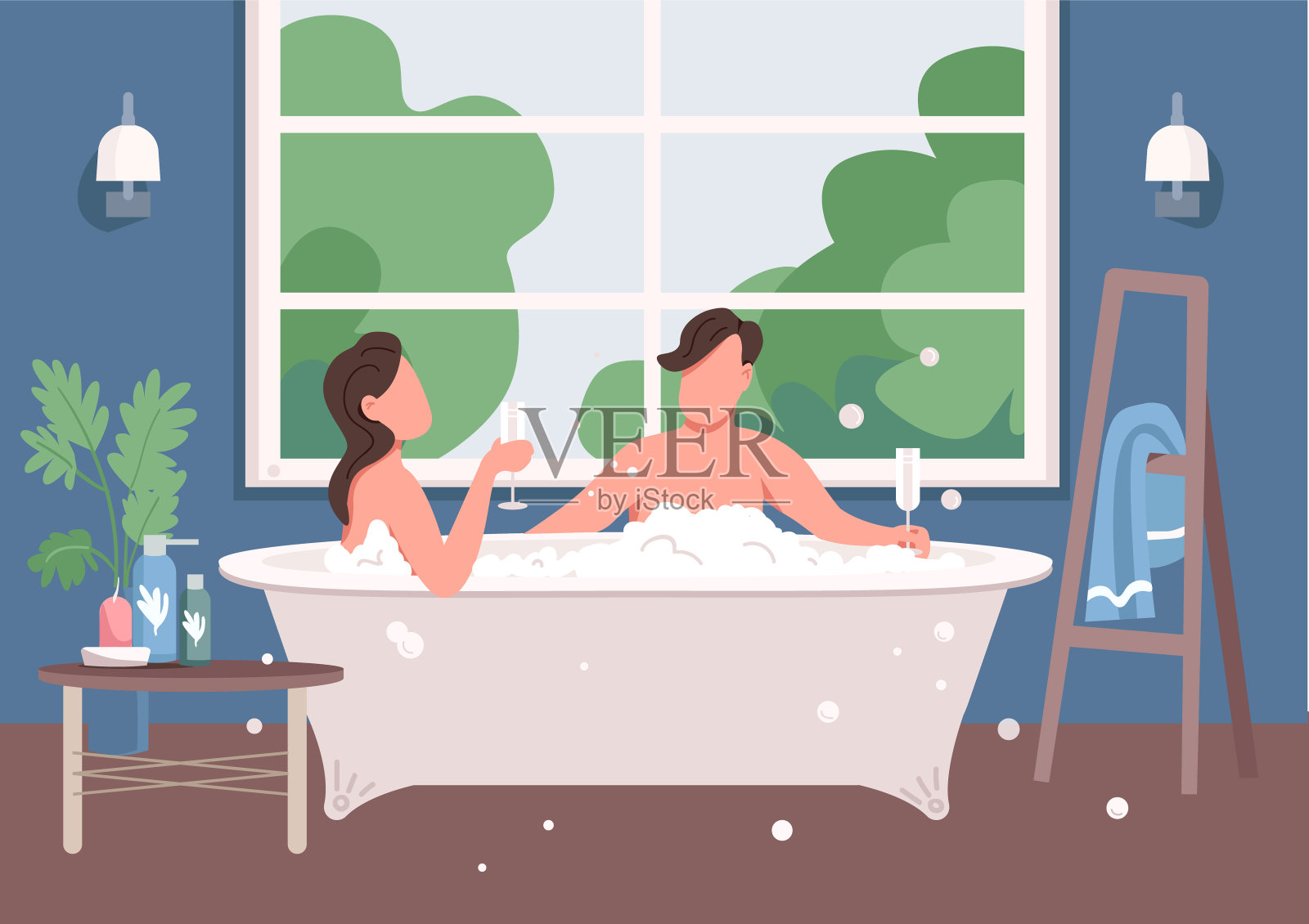 情侣洗澡平面彩色矢量插图插画图片素材