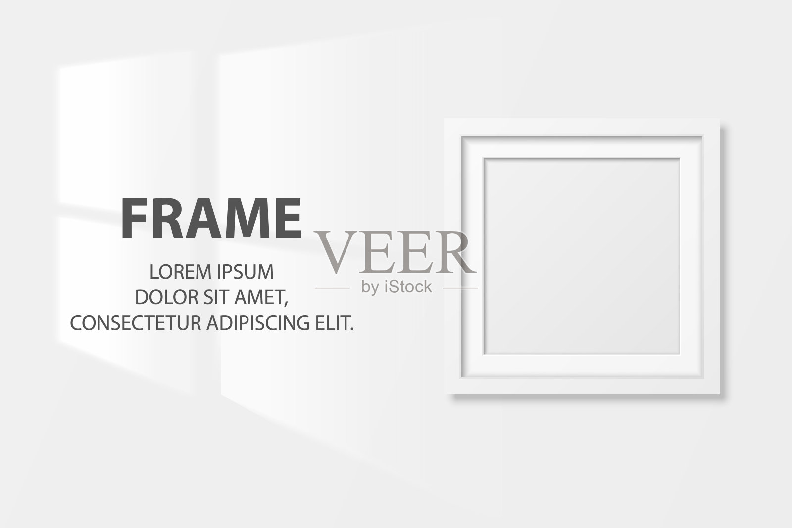 矢量3d现实的白色正方形木制简单的现代框架图标特写孤立的白色墙壁背景与窗光。它可以用于演示。设计模板，模型，前视图插画图片素材