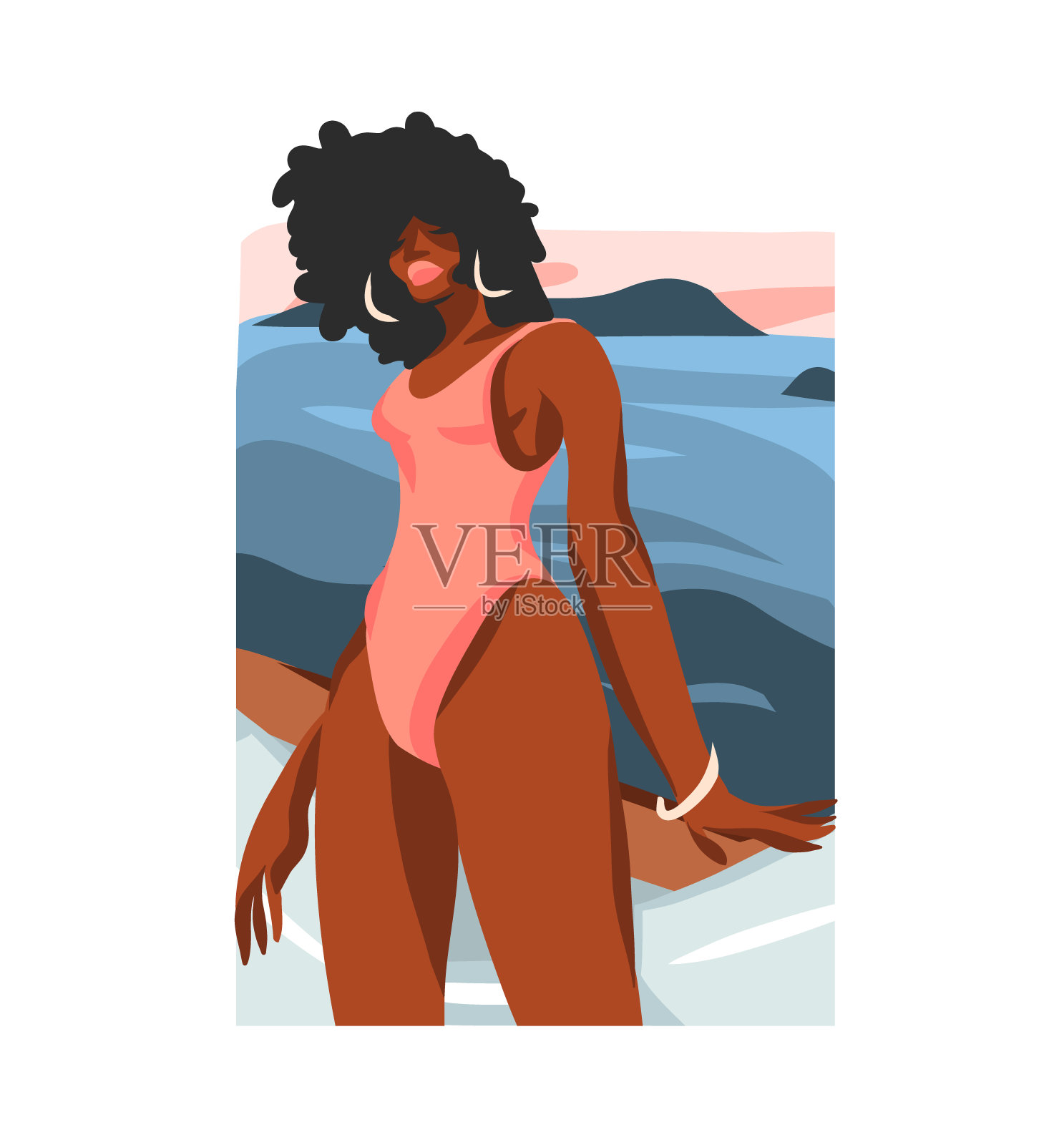 手绘矢量抽象股票平面图形插图与年轻快乐的黑人美国美人女性，在日落海滩上的场景孤立在白色的背景设计元素图片