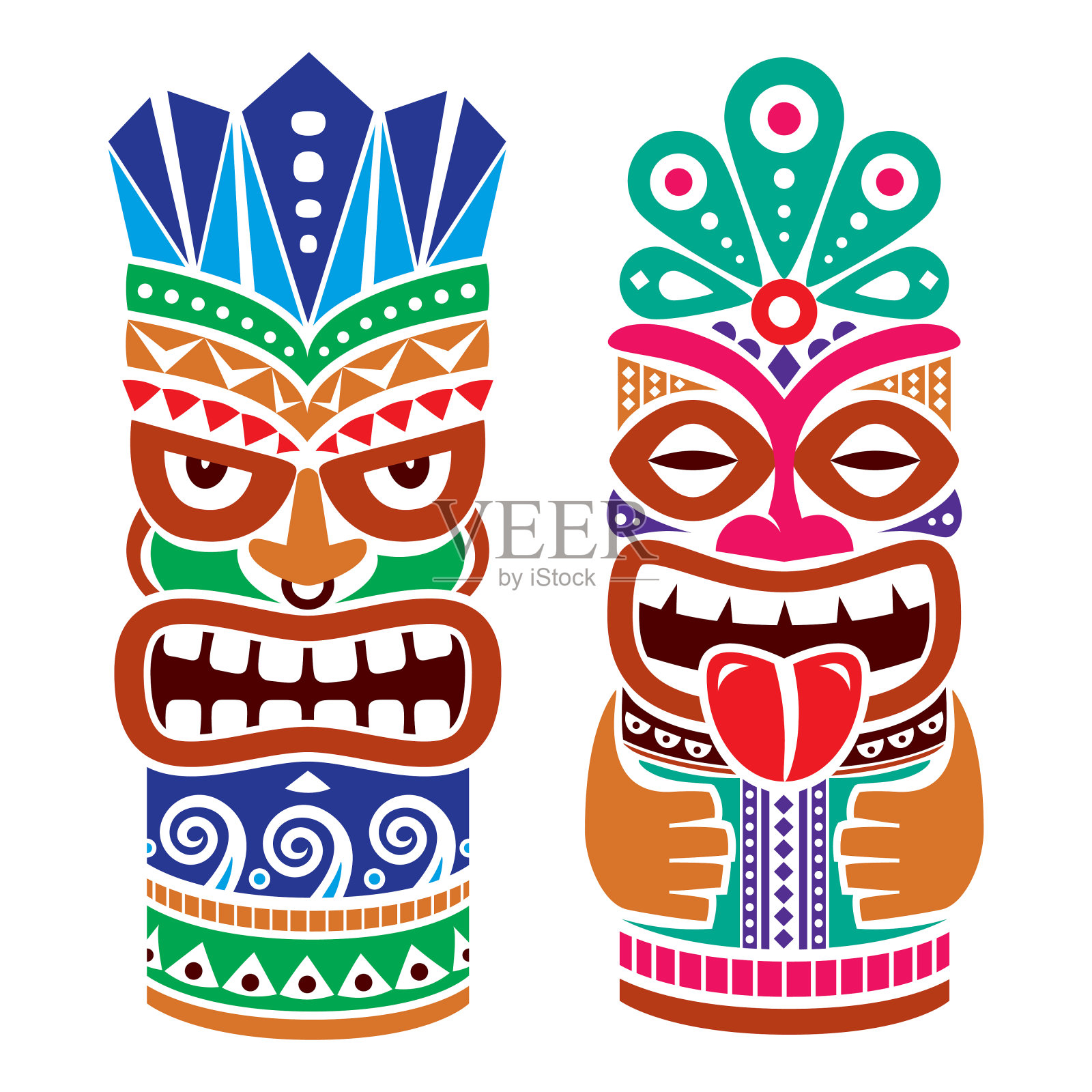 提基柱图腾矢量色彩设计-传统的雕像装饰设置来自波利尼西亚和夏威夷，部落民间艺术背景插画图片素材