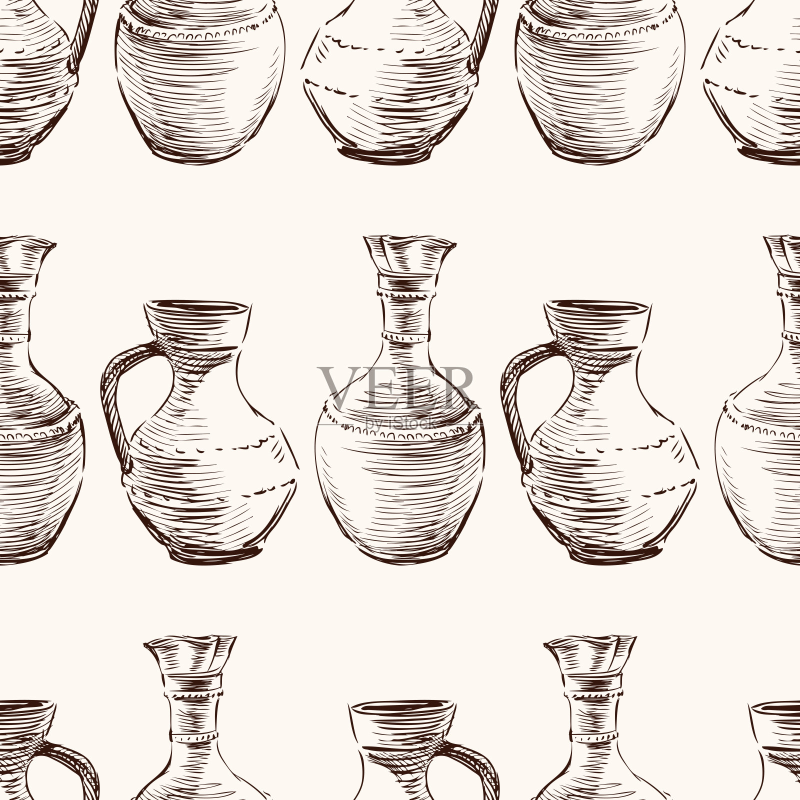 无缝图案的草图古老的陶瓷希腊水壶插画图片素材