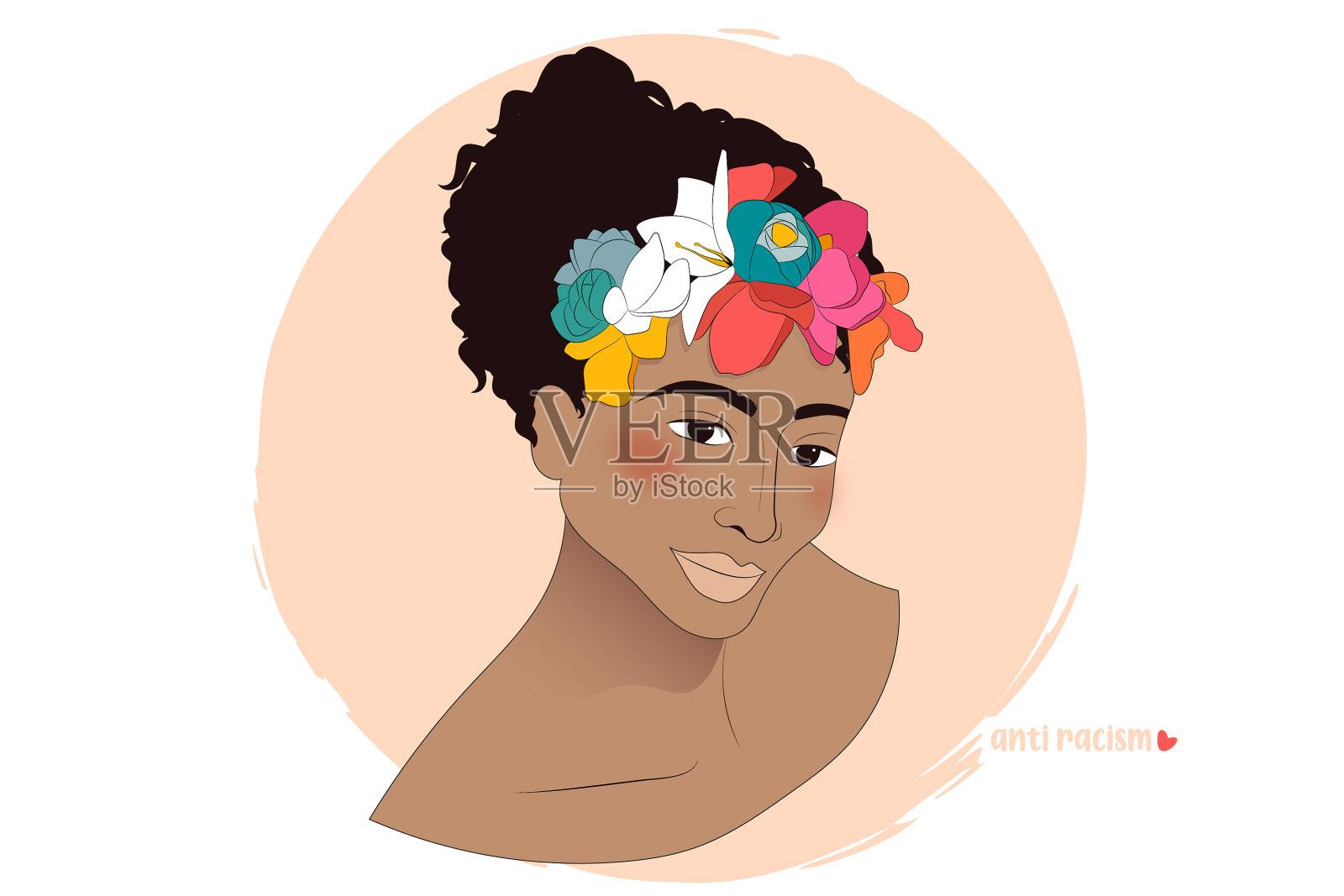 肖像美国黑人妇女与花在卷发插画图片素材
