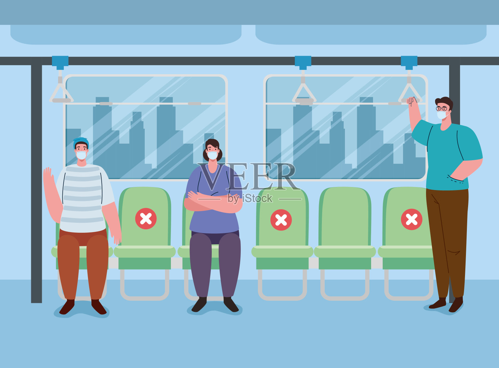 公共汽车内的社交距离座椅空间，人们戴着医用口罩，降低传染病感染风险，社交距离概念插画图片素材