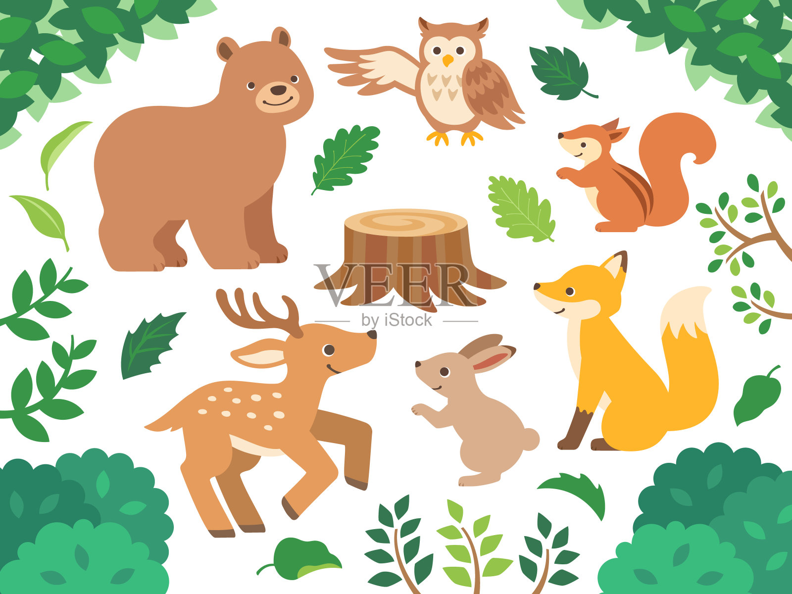 插图一套绿叶和森林动物插画图片素材