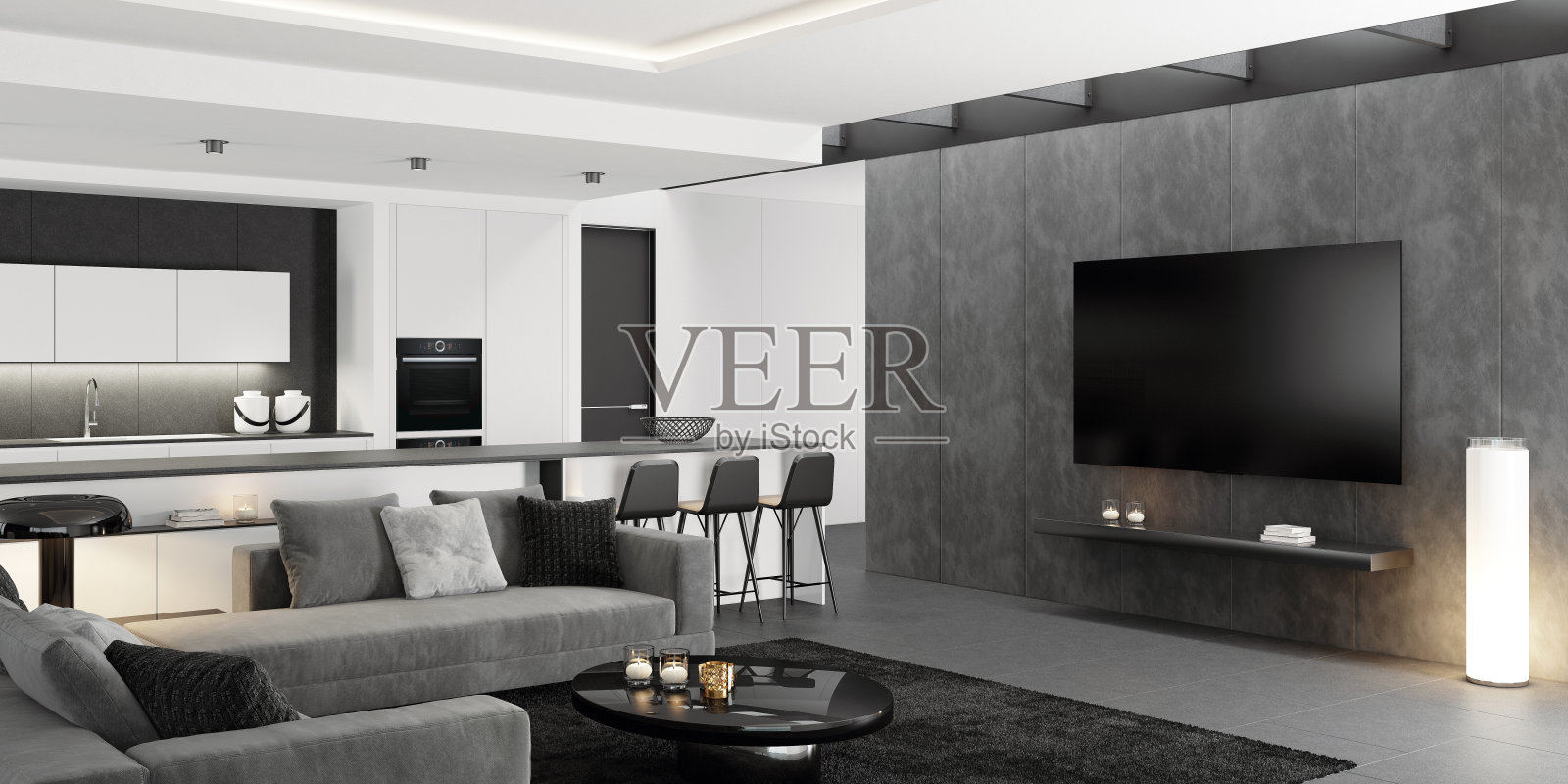 豪华的黑白室内客厅，8k电视和现代极简主义意大利风格的开放式空间厨房与大长厨房岛。照片摄影图片