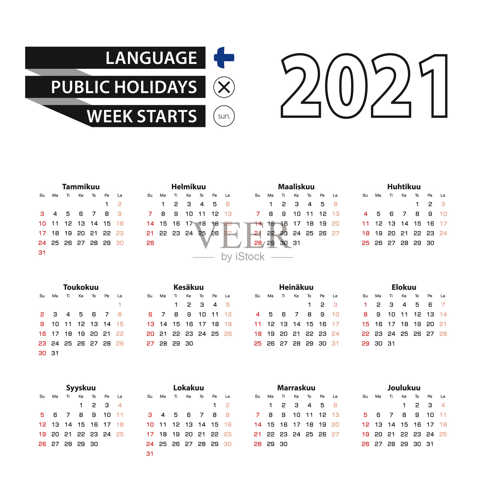 2021年日历用芬兰语，周日开始一周。设计模板素材