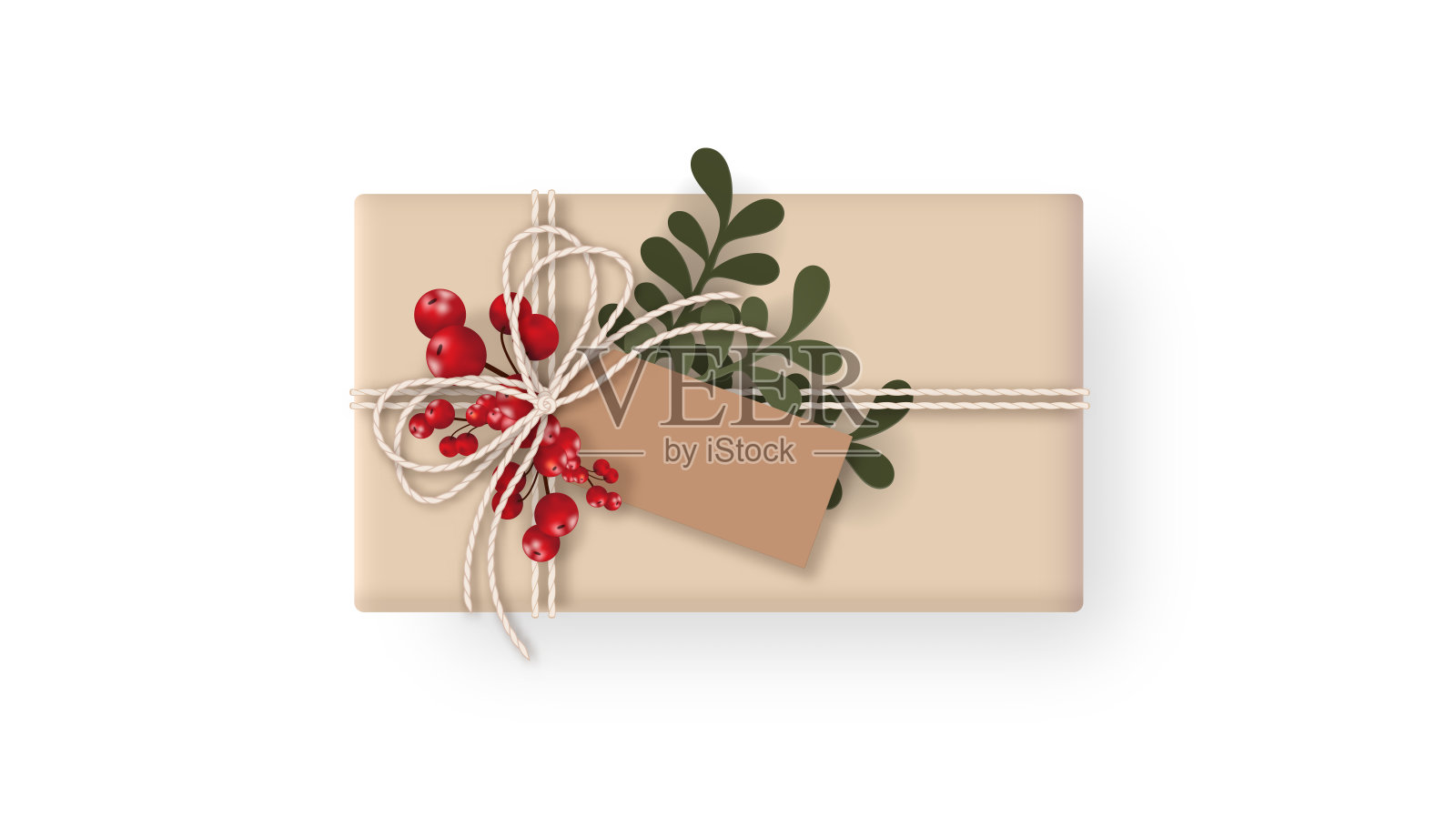 圣诞礼盒包装的绳子装饰的浆果，松叶，和旗帜孤立在白色的背景。工艺风格。前视图。矢量插图。插画图片素材