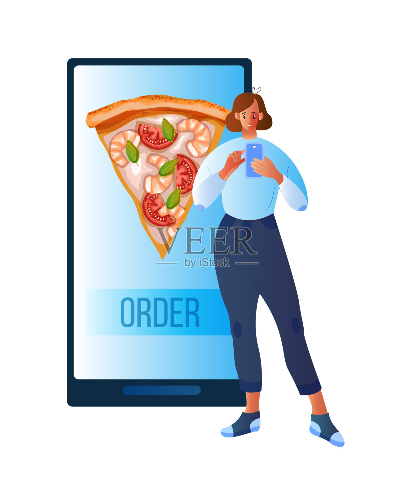矢量插图与微笑的女人通过移动应用在线订购披萨。插画图片素材