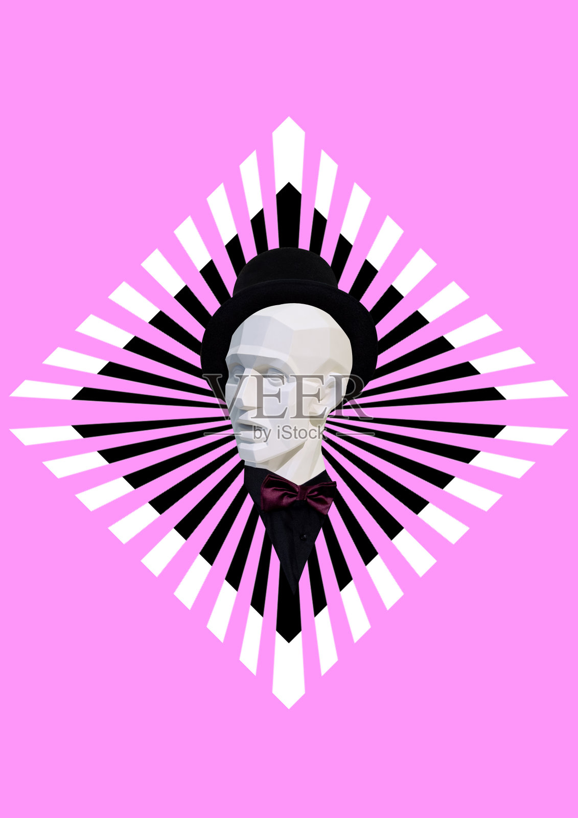 当代拼贴。一个男人的头的雕塑，在一个粉红色的背景，黑色的帽子，衬衫和领结。照片摄影图片