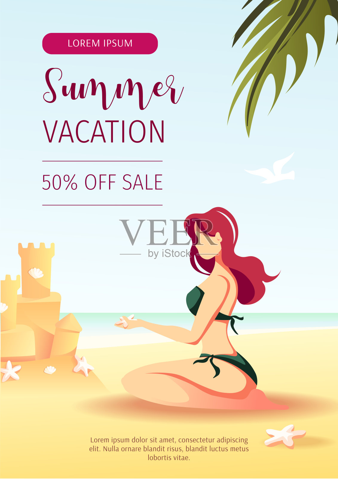 促销横幅或宣传单的夏季销售与女人坐在沙滩上的沙堡。设计模板素材