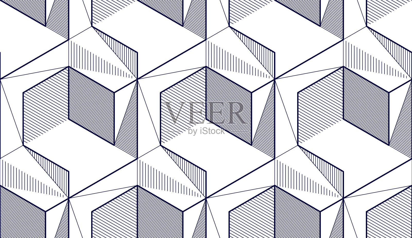 几何立方体抽象无缝模式，三维矢量背景。技术风格工程线条绘制无穷插图。单色，黑白两色。可用于织物，墙纸，包装，网和印刷。插画图片素材