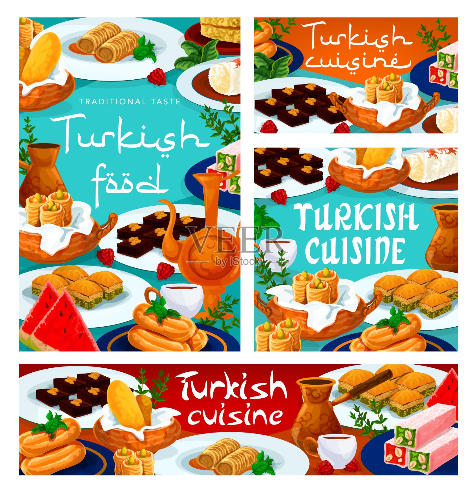 土耳其美食、果仁蜜、咖啡、茶插画图片素材