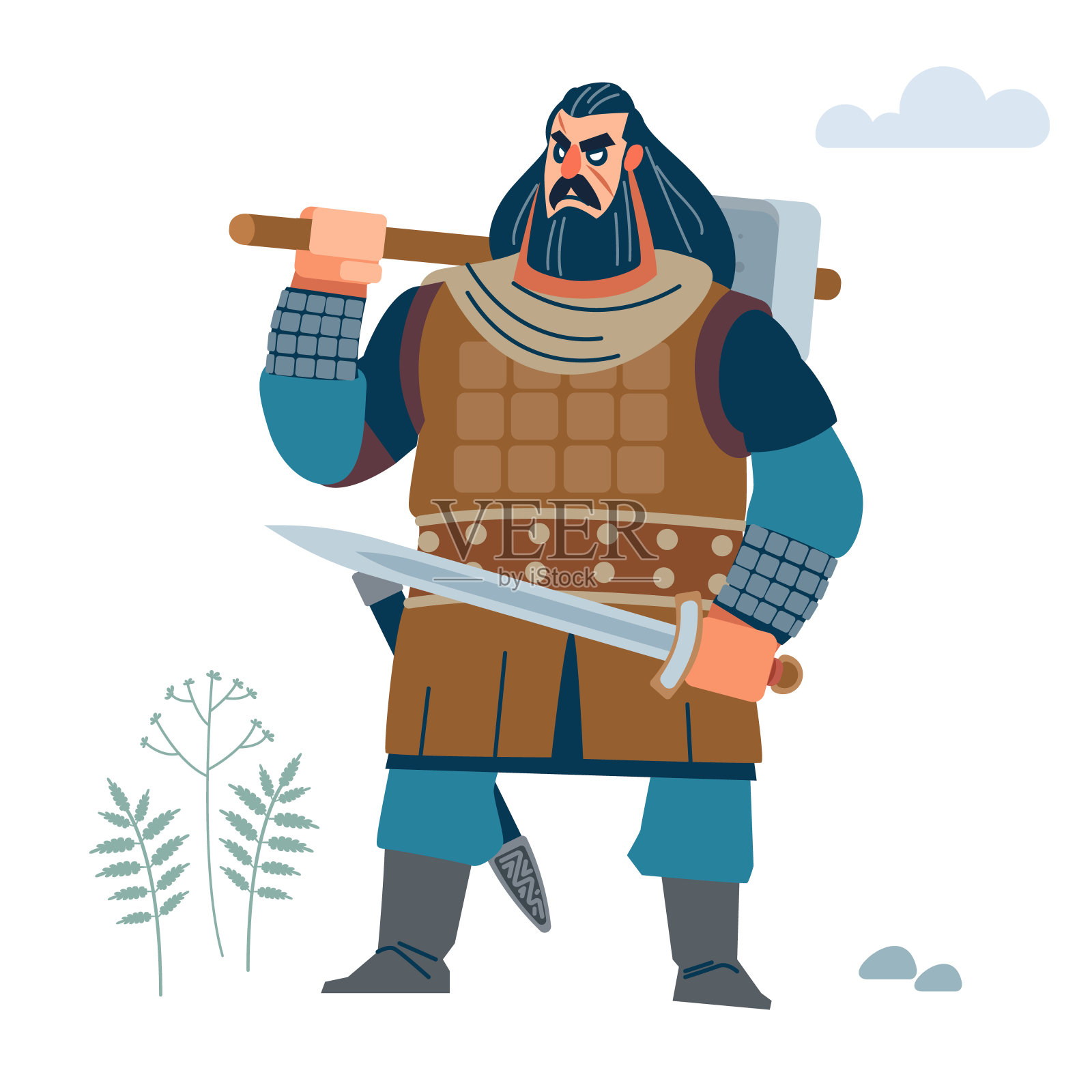 维京人的性格。战士与锤子和剑。孤立的矢量插图在一个平坦的风格。插画图片素材