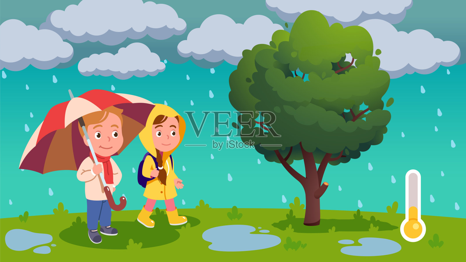 男孩和女孩穿着雨衣，孩子们在雨天在户外雨伞下行走和站立。显示夏季或春季温度适中的温度计。平面矢量字符插图插画图片素材