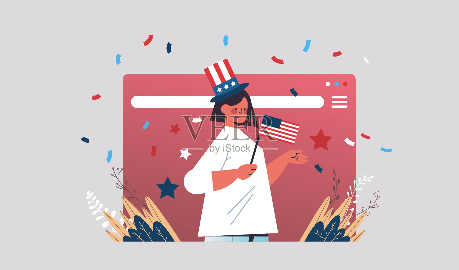 妇女在网页浏览器窗口举着美国国旗庆祝7月4日美国独立日的概念插画图片素材