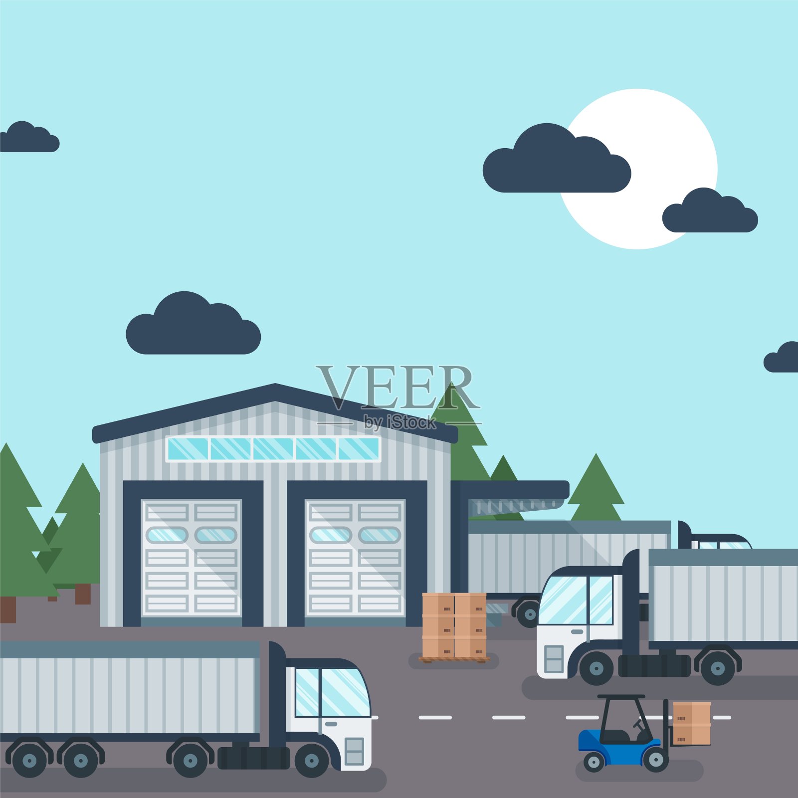 仓库外工业产品运输和储存，矢量图。用叉车搬运纸箱插画图片素材