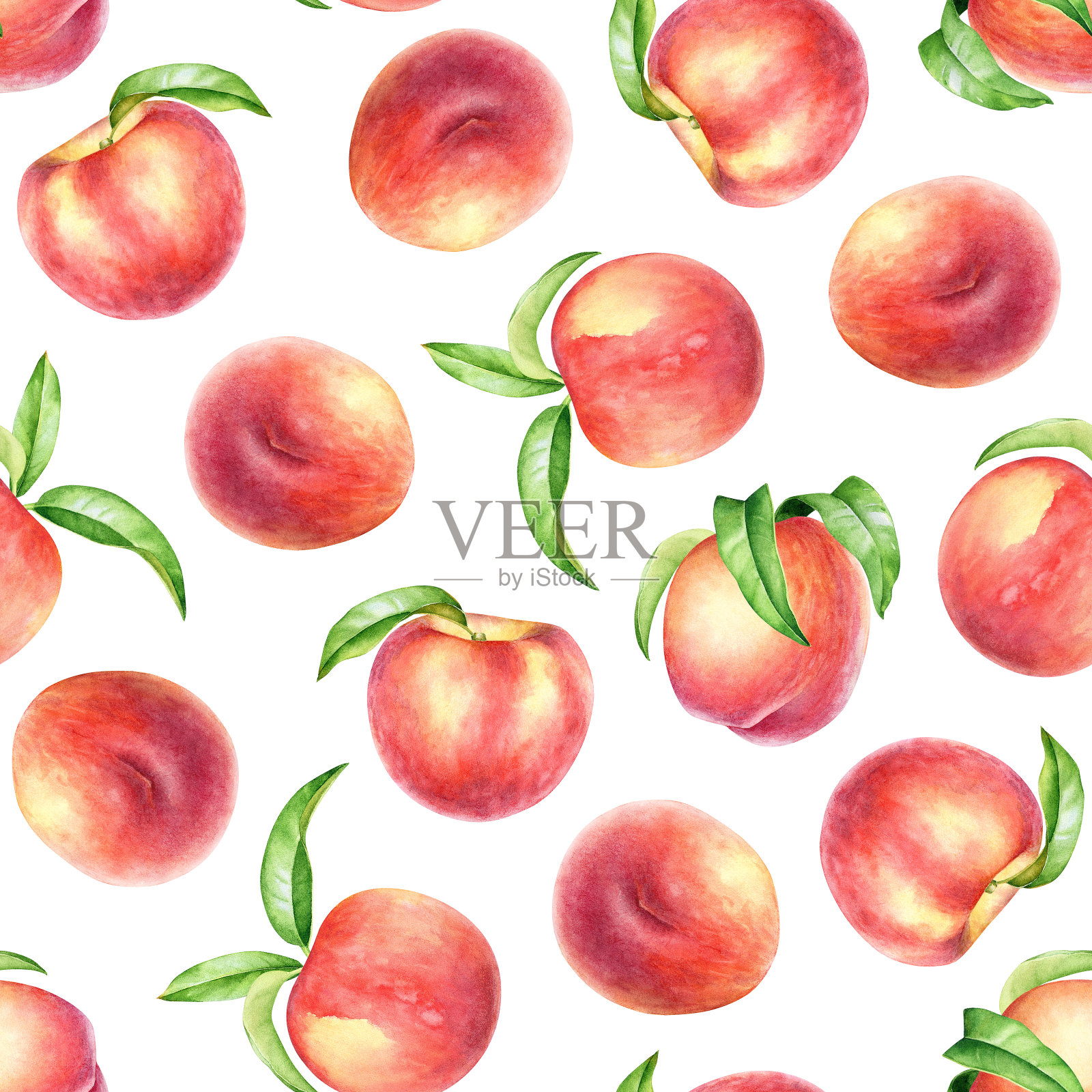 无缝图案水彩桃子与叶插画图片素材