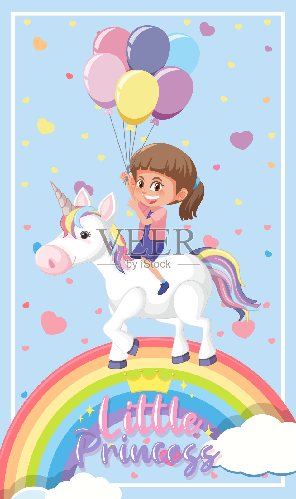 小公主的标志，女孩骑在独角兽和彩虹的天空在明亮的蓝色背景插画图片素材