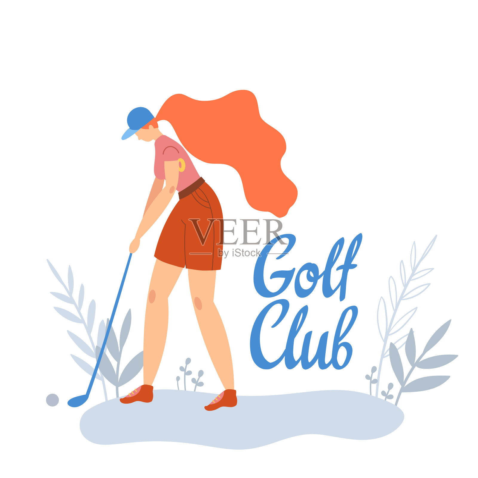 女高尔夫球手在高尔夫球场上用球杆击球。矢量平面手绘插图。打高尔夫球的女运动员。女孩在运动。带有文字空间的t恤印花设计。卡通人物。插画图片素材