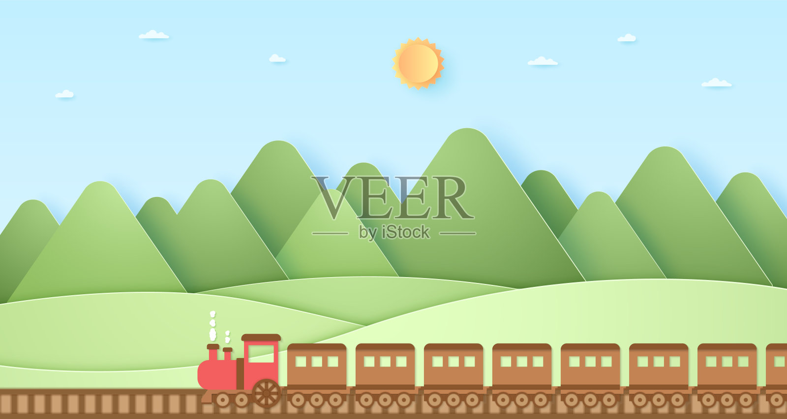 交通，火车，自然山，有阳光和蓝天的山，纸艺术风格插画图片素材