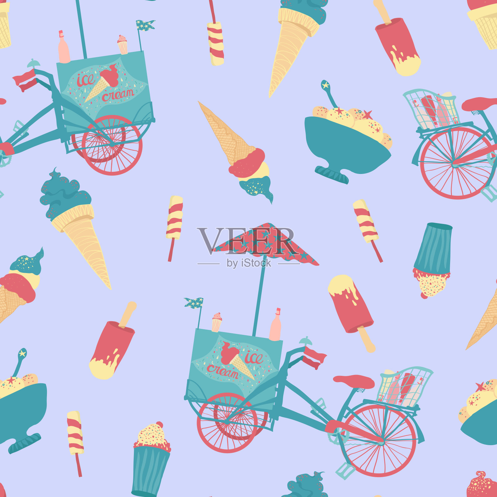 矢量无缝图案的冰淇淋自行车和不同种类的冰淇淋插画图片素材