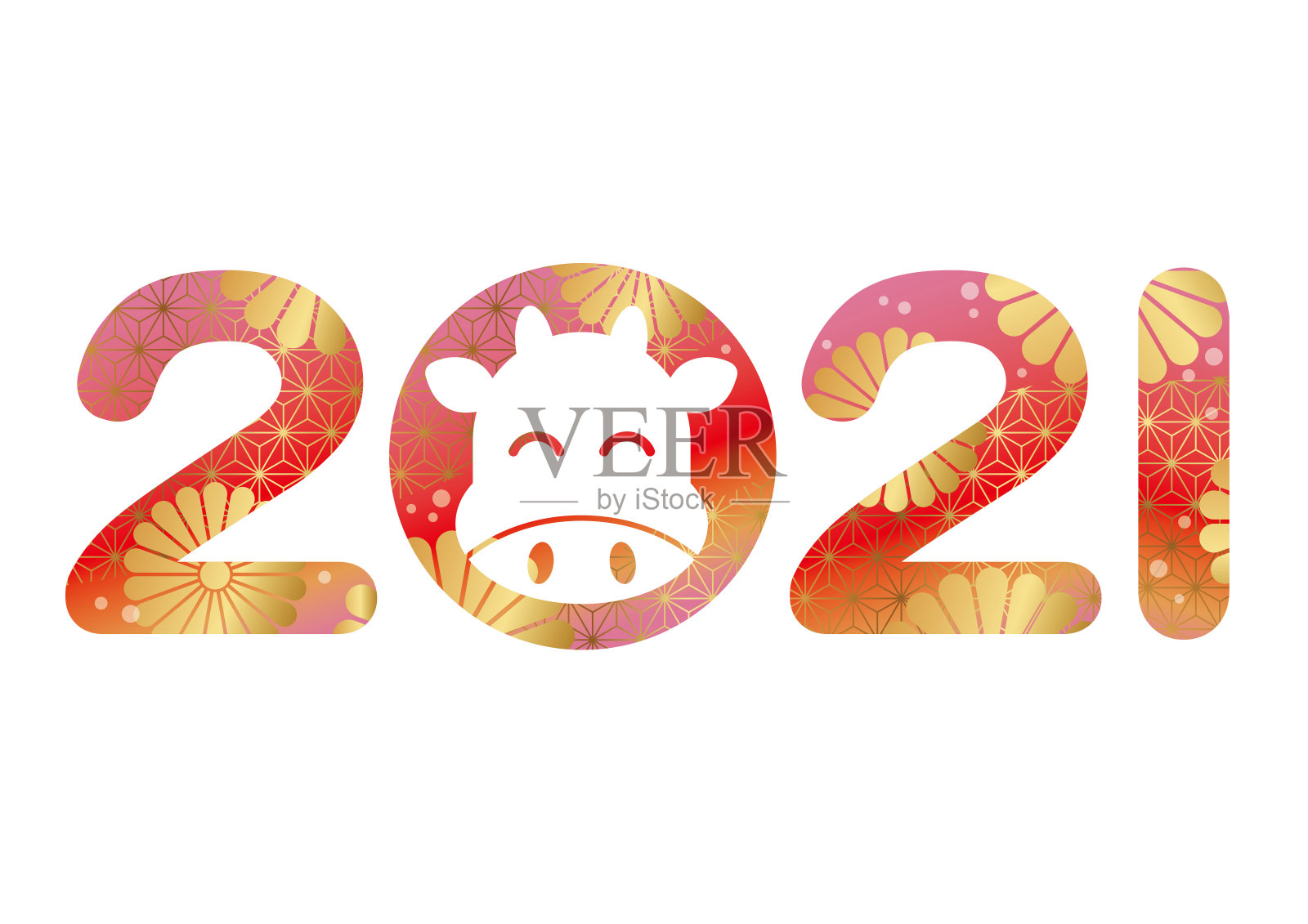 2021年，牛年，矢量标志装饰传统日本图案。插画图片素材