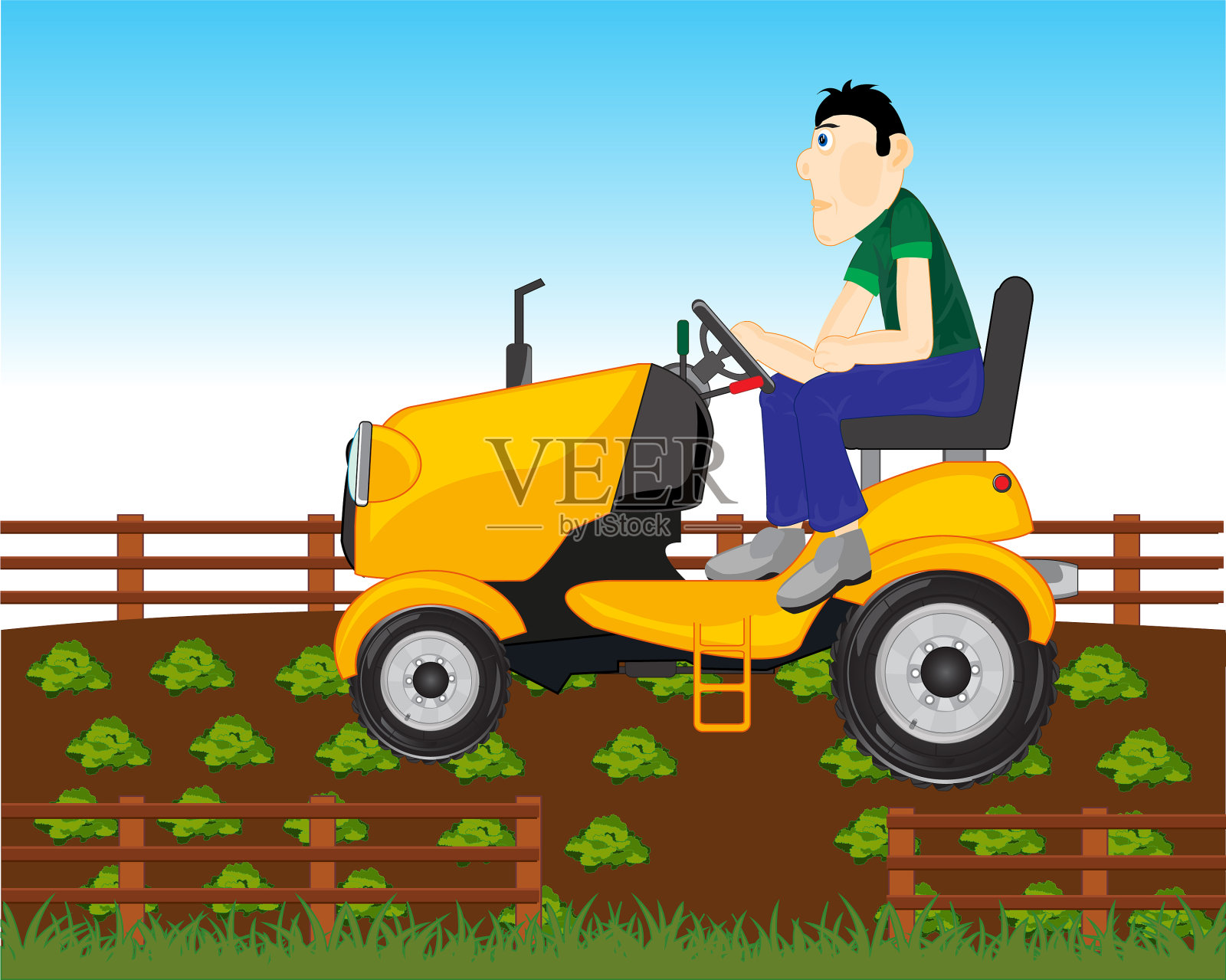 在菜园里，农夫在拖拉机上干活插画图片素材