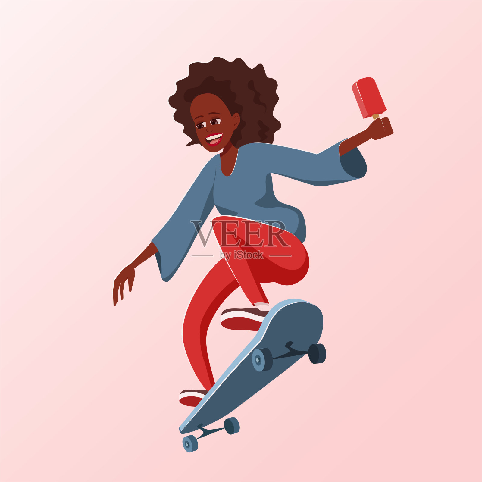 一名手持冰棒冰淇淋的年轻女子在滑板上表演小把戏。插画图片素材