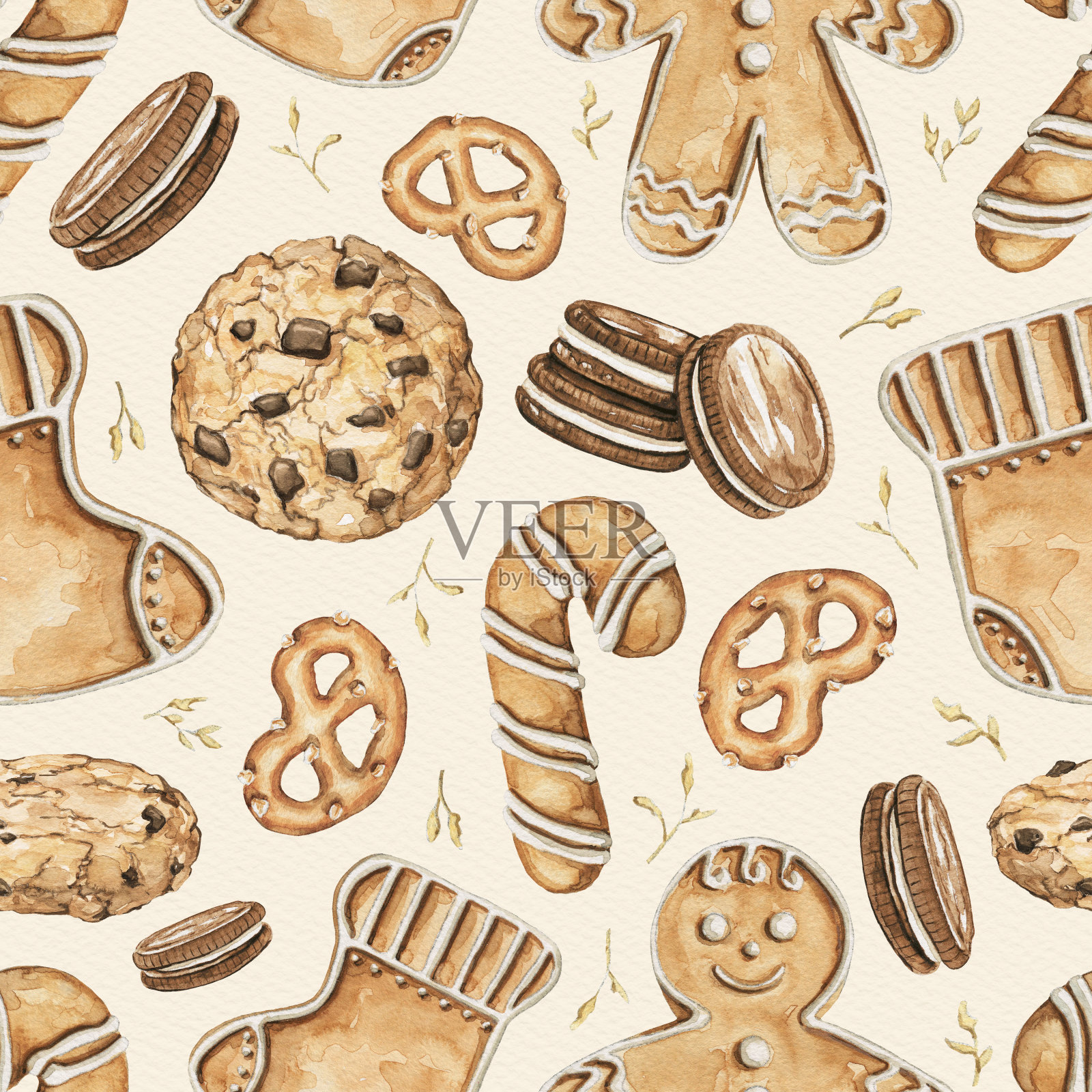 水彩无缝图案与各种饼干在米色纸插画图片素材