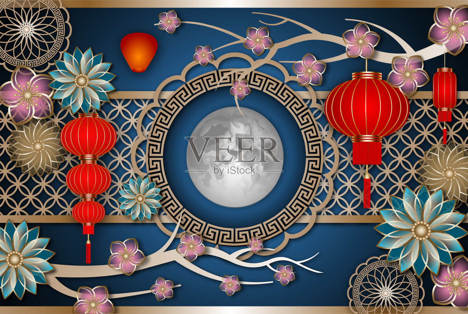 中国中秋节的背景是红灯笼和鲜花插画图片素材