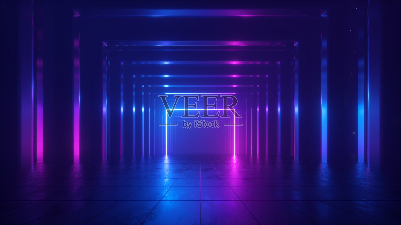3d渲染，抽象背景与粉红蓝色霓虹灯，未来主义墙纸与发光的方形框架内空隧道照片摄影图片