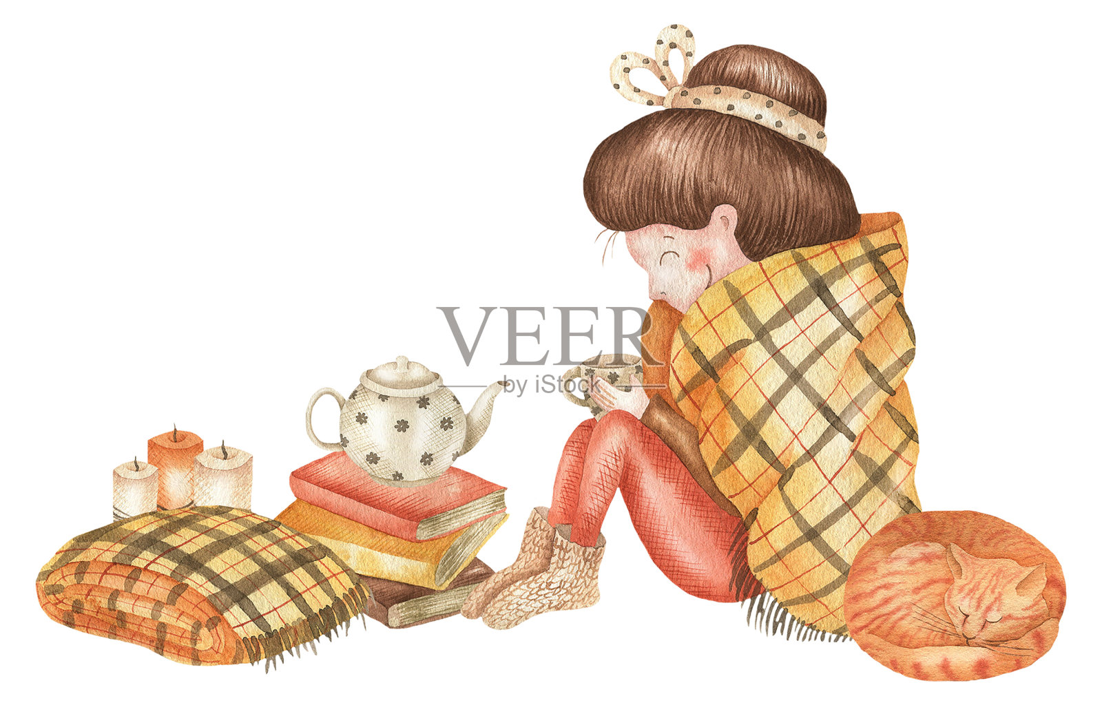 一个女孩喝茶的插图。jpg插画图片素材