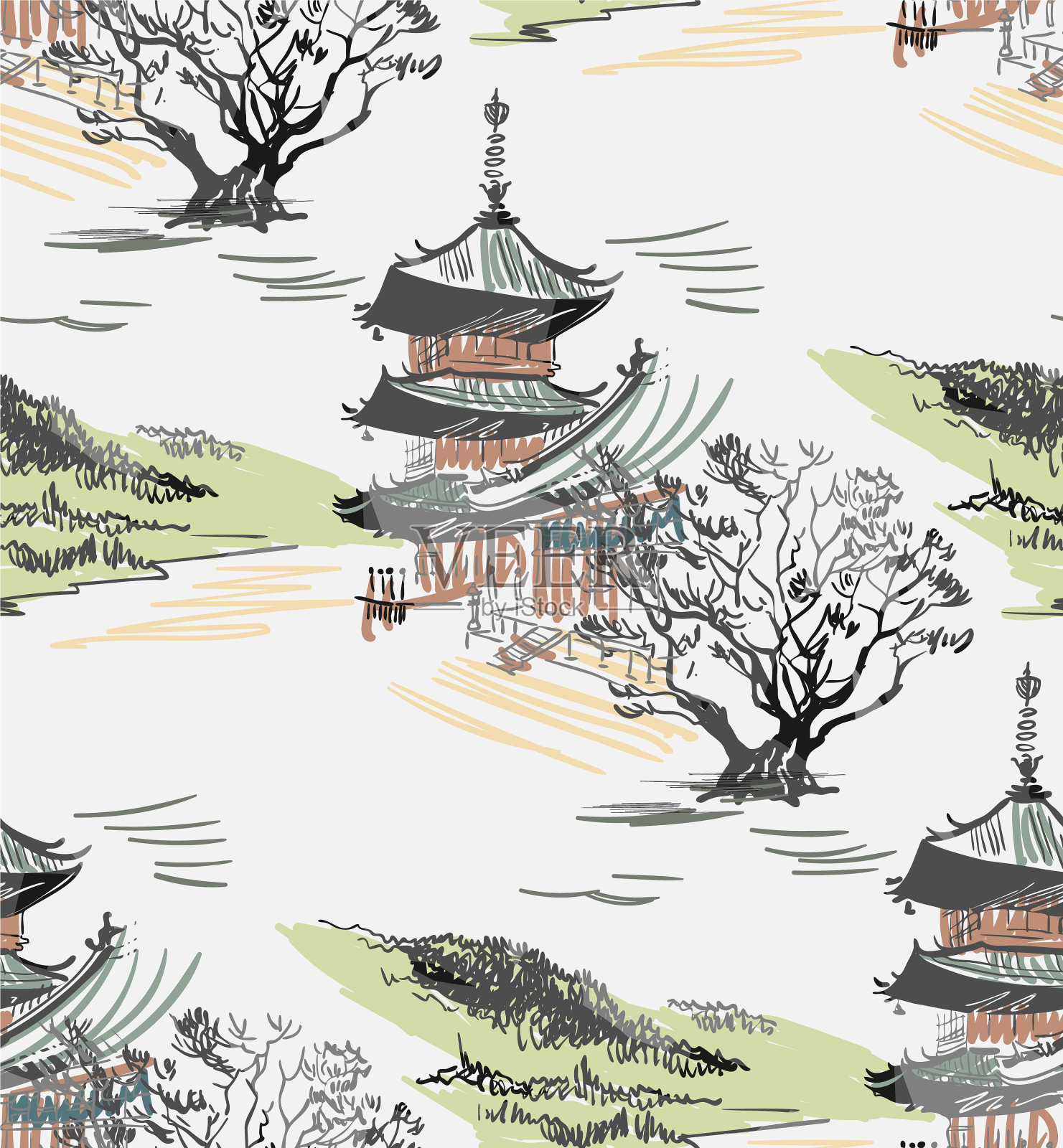 寺庙自然景观景观素描日本插画图片素材