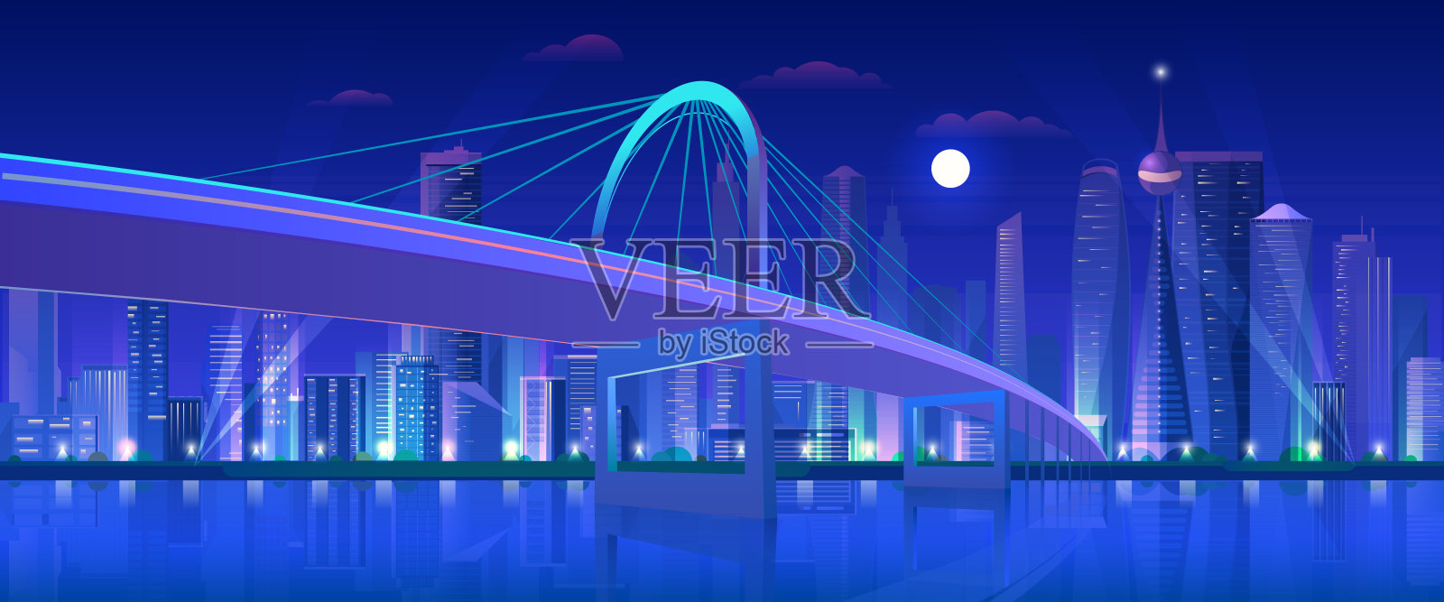 城市大桥夜间矢量插图。卡通平面现代城市霓虹未来的天际线，城市摩天大楼市中心，高速公路桥水上。未来滨水景观背景。插画图片素材
