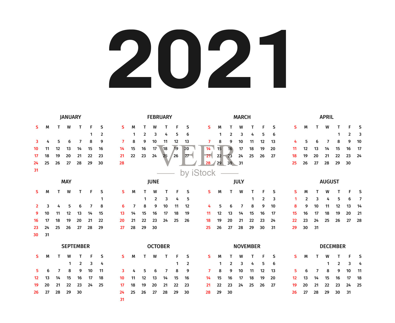 2021年日历模板。日历模板为黑白两色，假日为红色插画图片素材