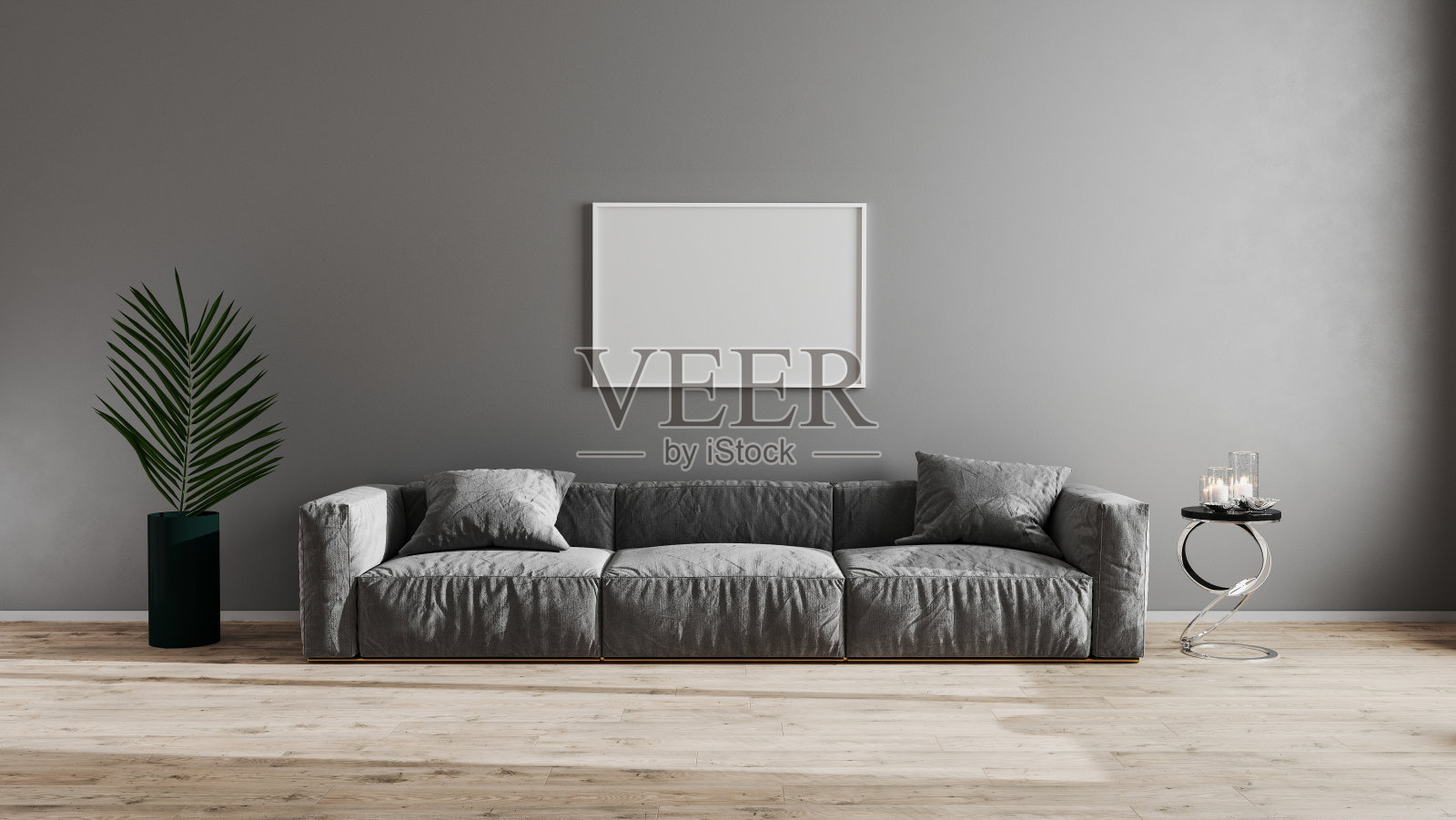 在明亮的现代客厅水平框架与灰色沙发，绿色植物和木层压板咖啡桌。斯堪的纳维亚风格，舒适的室内背景。明亮时尚的房间模拟。三维渲染照片摄影图片