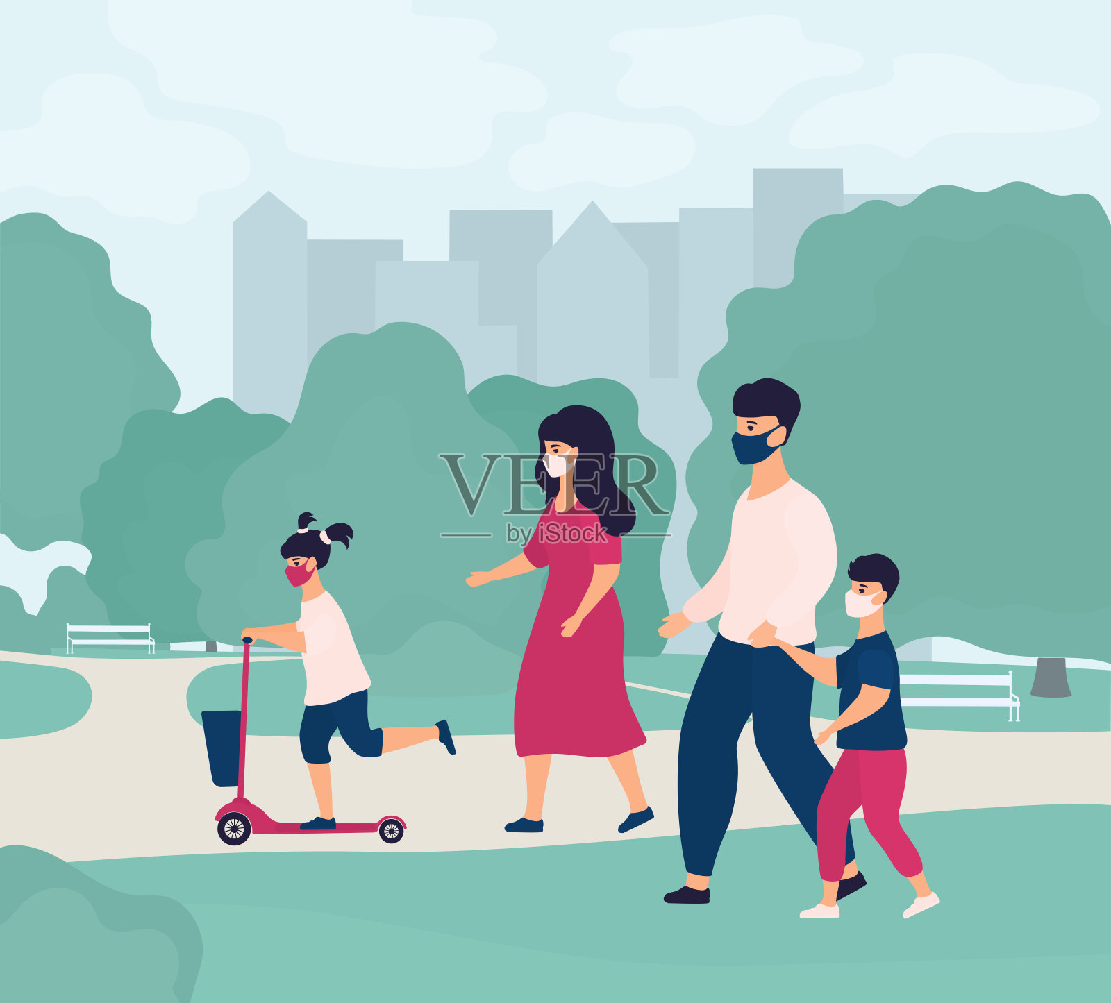 Happy family weekend. Parents with children in protective masks walk in a city park during the coronavirus quarantine COVID-19. The father leads son by the hand. A girl rides a scooter.插画图片素材