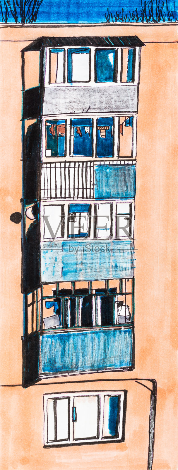 手绘的公寓房子的玻璃阳台插画图片素材