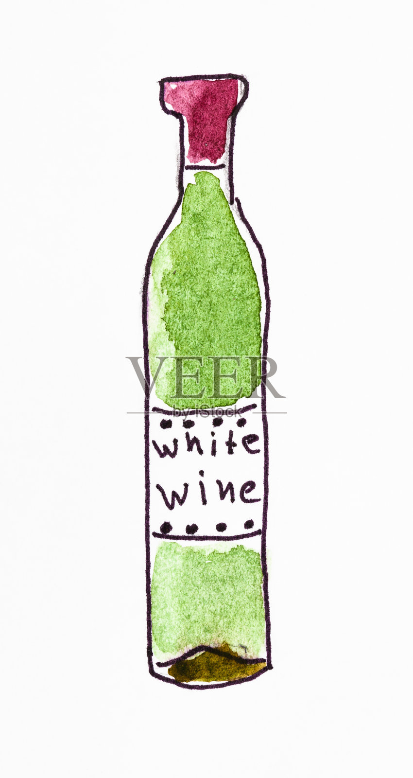 手绘绿色白葡萄酒白瓶插画图片素材