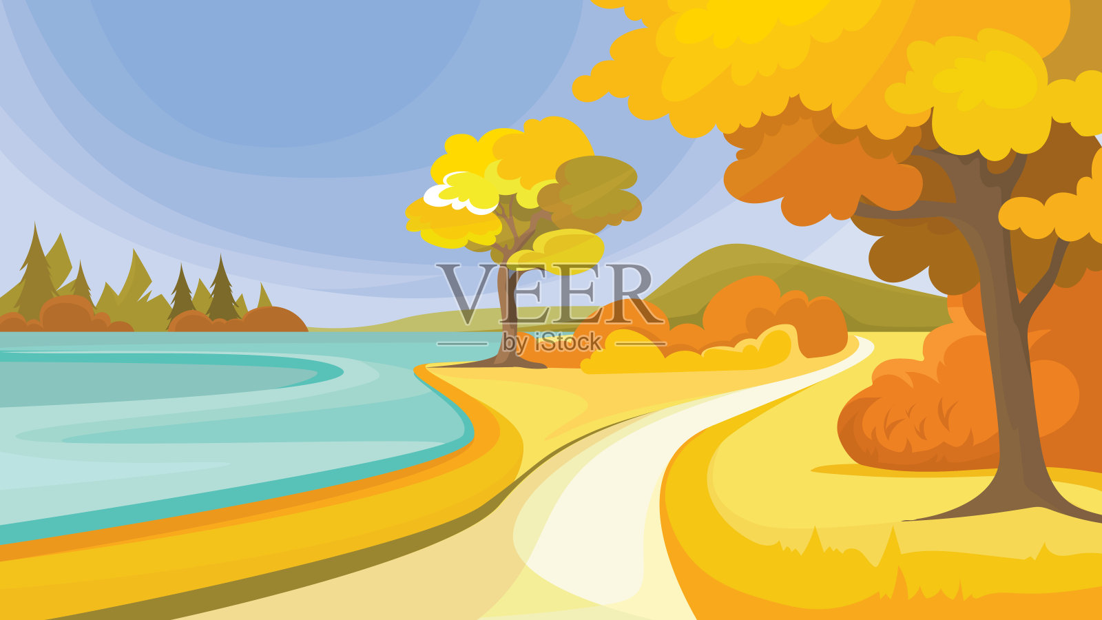 湖边的秋天公园。插画图片素材