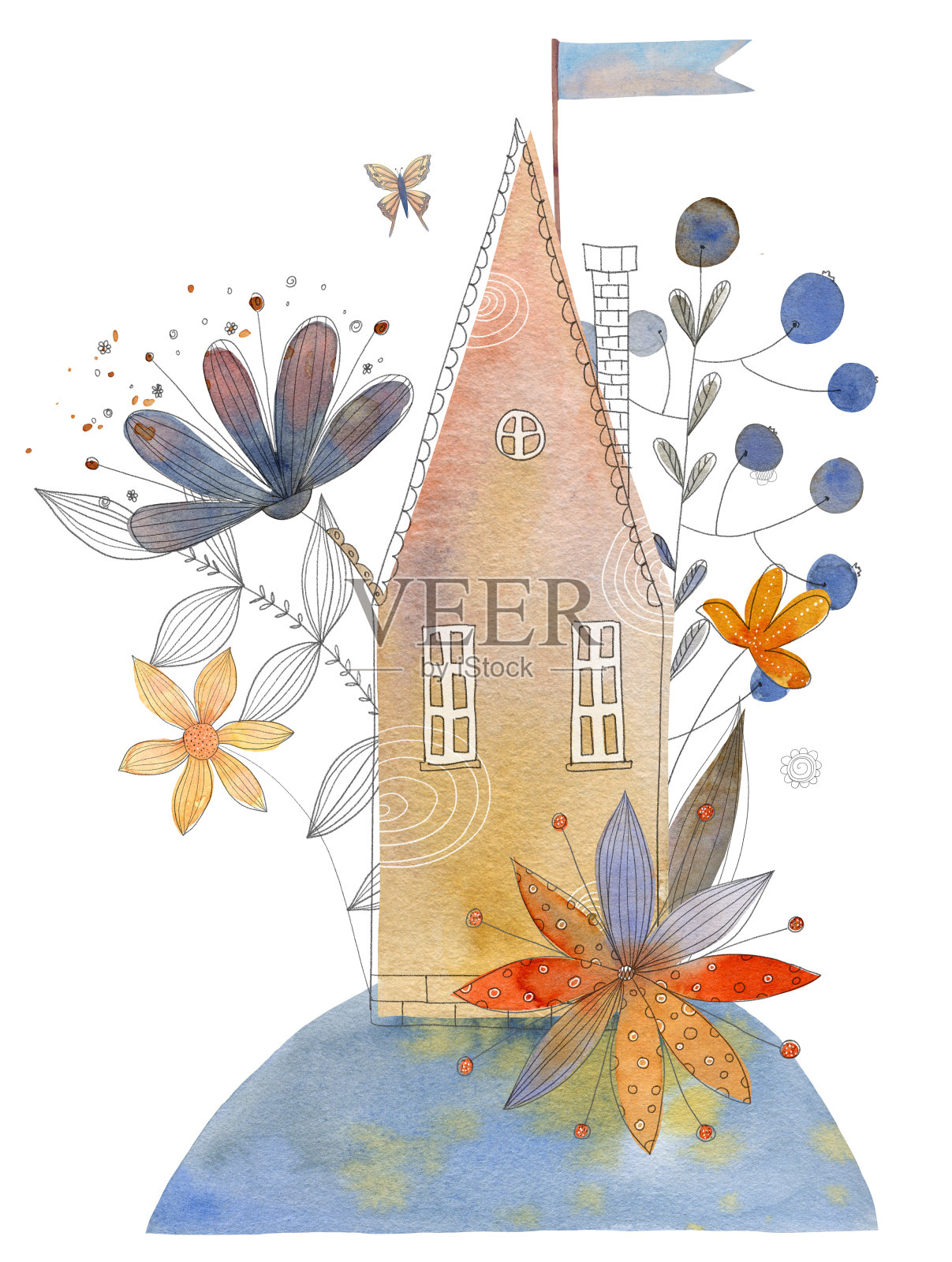 水彩画夏天或春天的房子在山上花，旗和叶子。插画图片素材