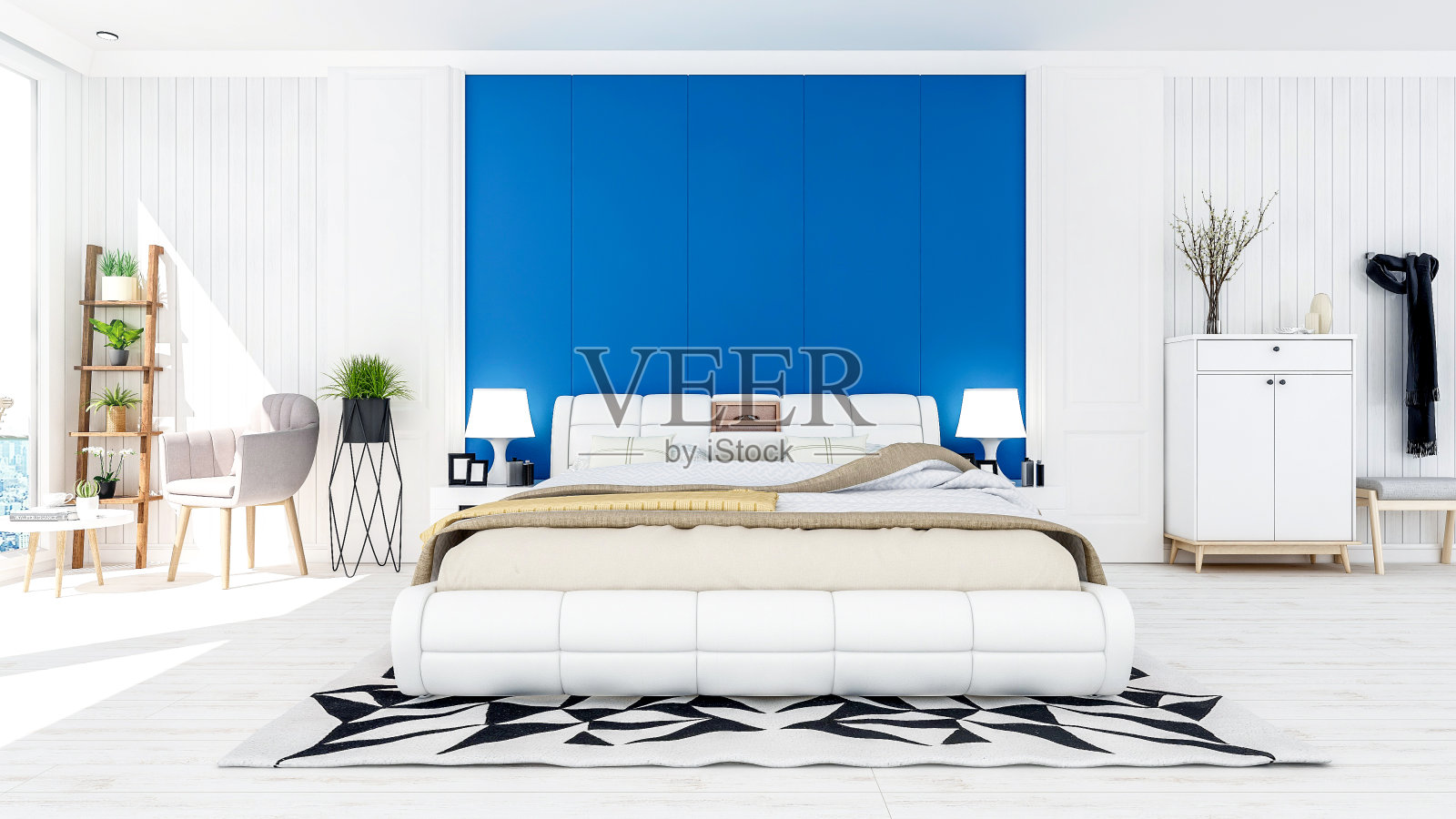 白色现代现代卧室内部蓝色和白色主题色与海景露台，3D渲染照片摄影图片