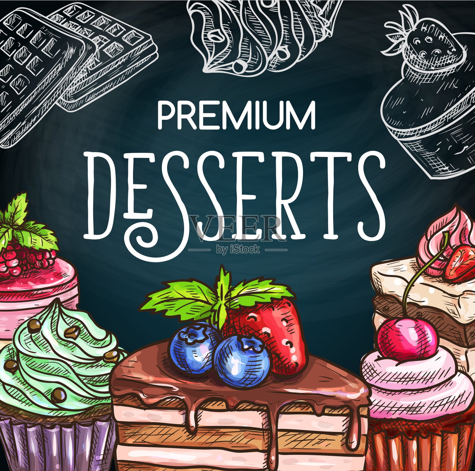 蛋糕和奶酪蛋糕，黑板素描糖果插画图片素材