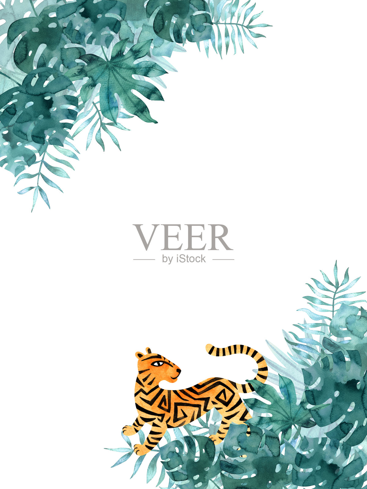 框架模板与水彩热带树叶在角落和一只老虎。奇异的手绘插图孤立在白色。插画图片素材