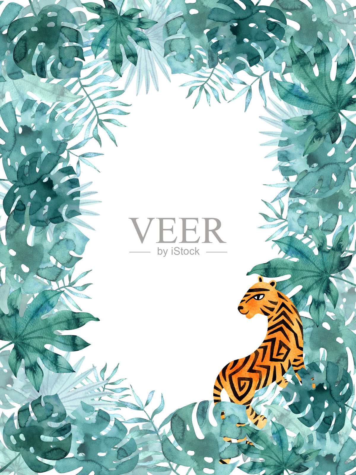 垂直矩形框架模板与水彩热带树叶和老虎。奇异的手绘插图孤立在白色。插画图片素材
