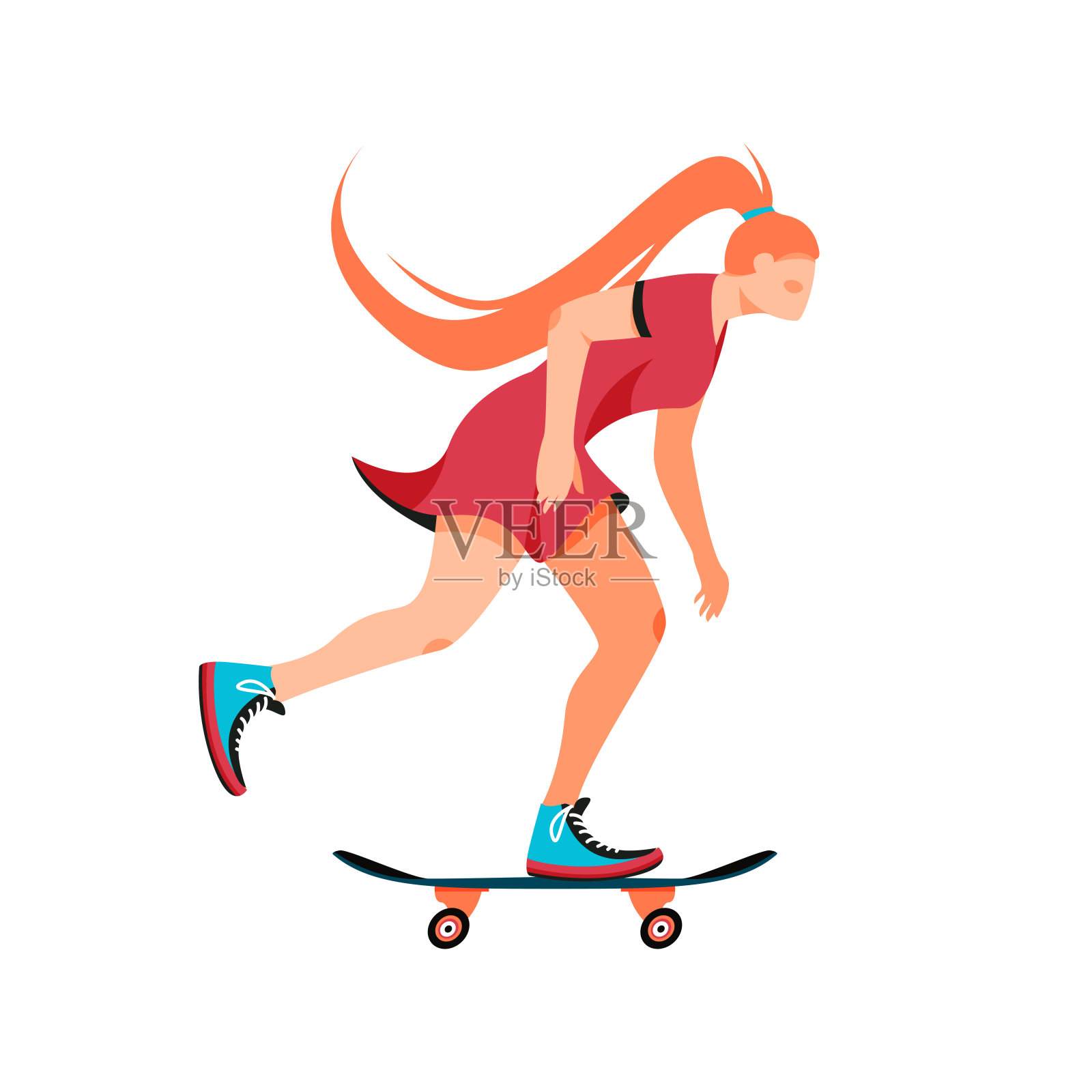 孤立的白人女子在滑板矢量插图。插画图片素材