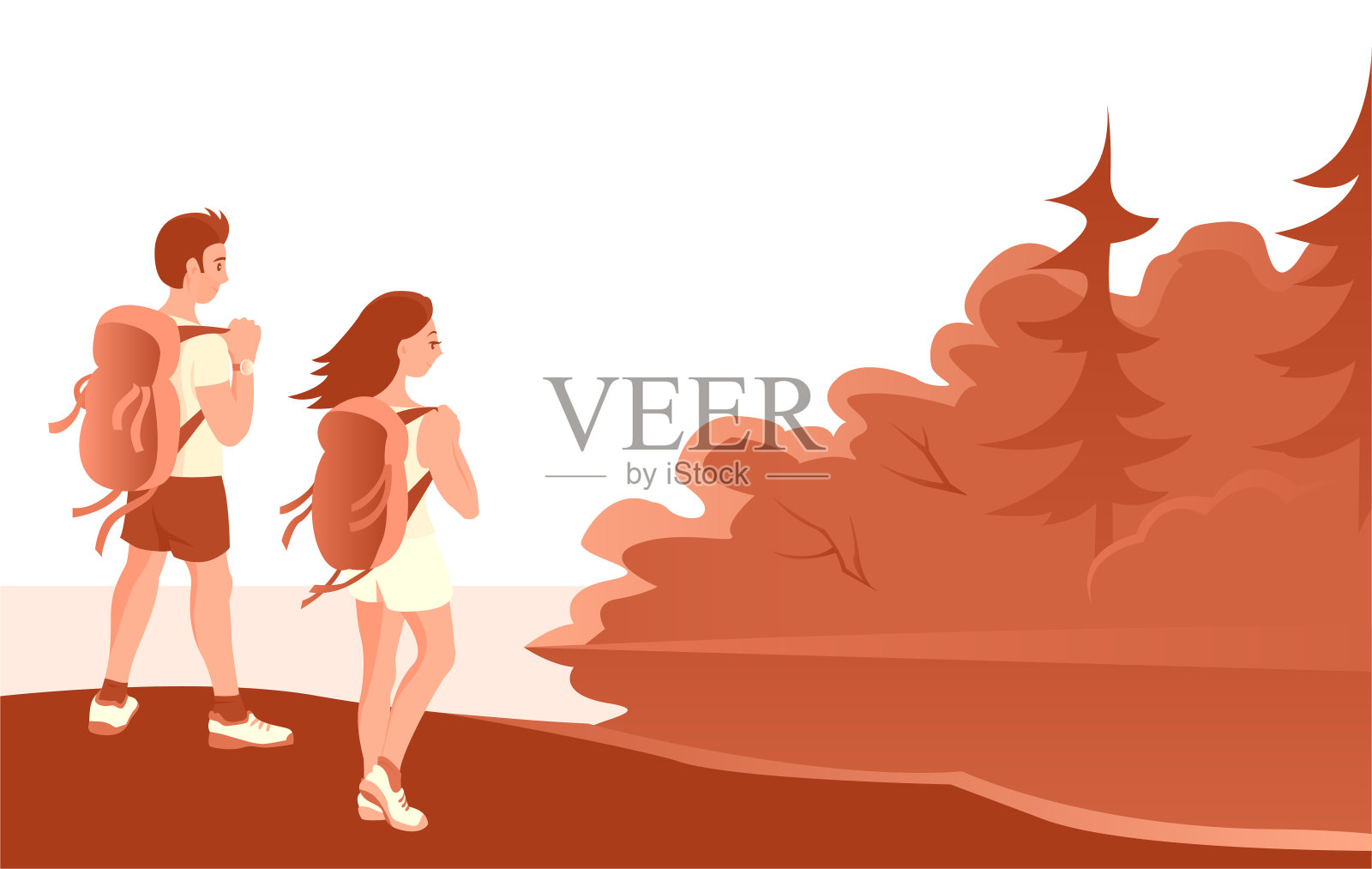 男男女女徒步旅行者在森林里旅行。插画图片素材