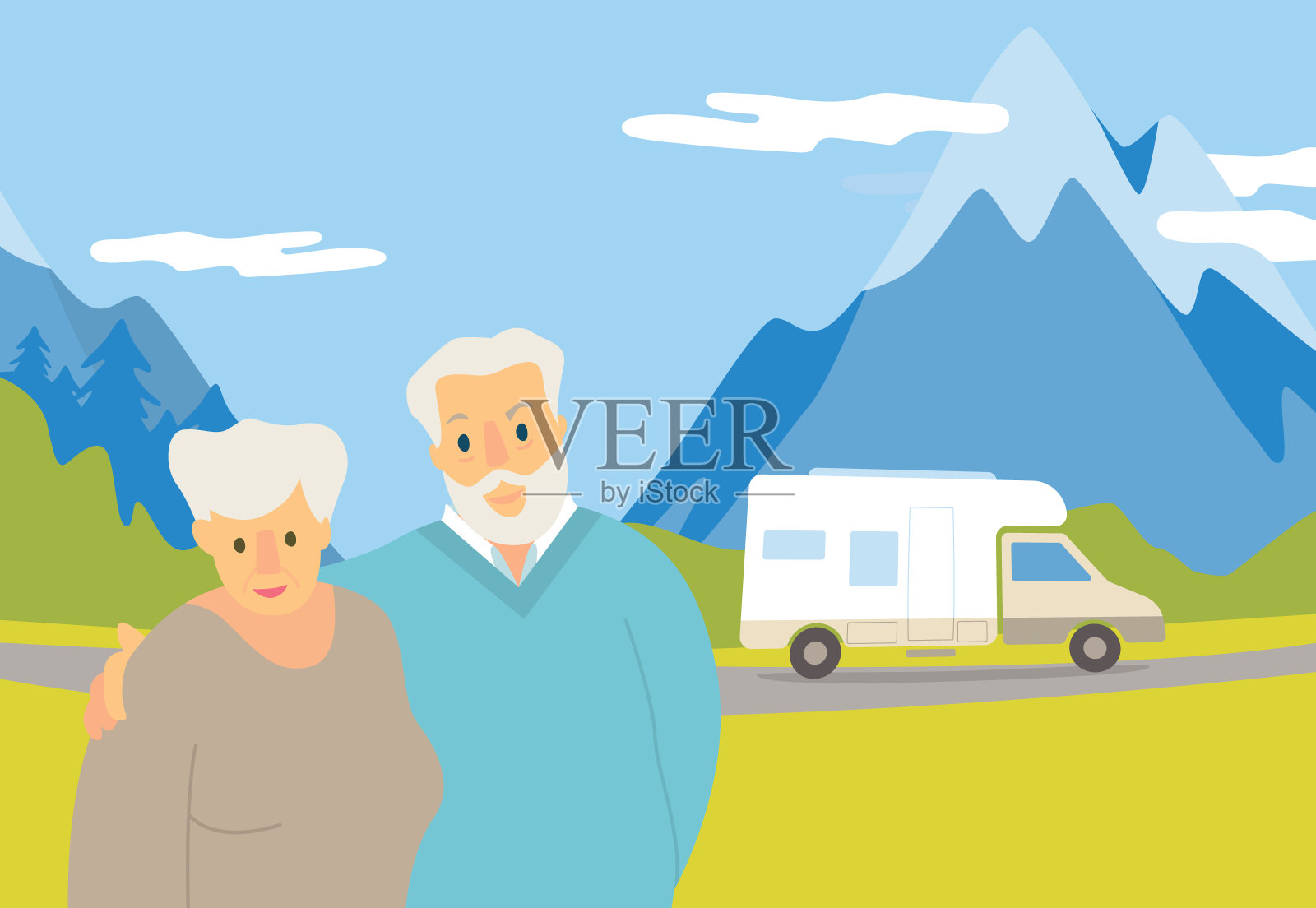 矢量插图的一个老夫妇。面包车生活的概念。插画图片素材